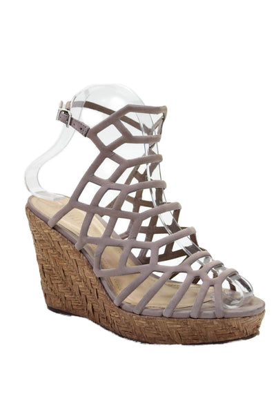 Schutz Women's Cage Open Toe Espadrille Ankle Buckle Wedge Sandals Tan Size 6.5