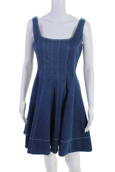 Staud Womens Cotton Denim Sleeveless Zip Up Fit + Flare Dress Blue Size 8