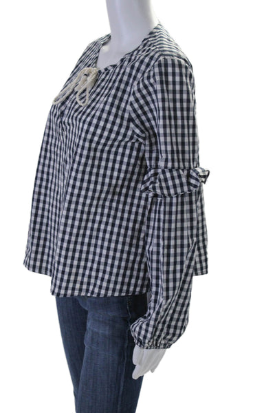 Splendid Womens Plaid Long Sleeves Blouse Navy Blue White Cotton Size Medium