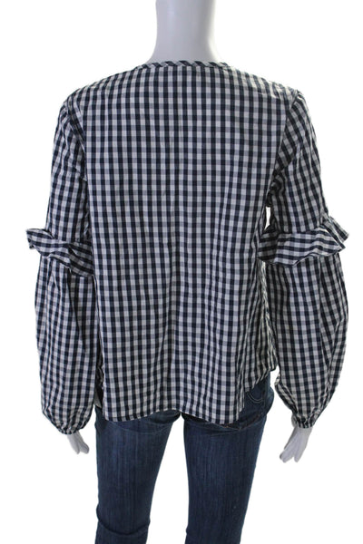 Splendid Womens Plaid Long Sleeves Blouse Navy Blue White Cotton Size Medium