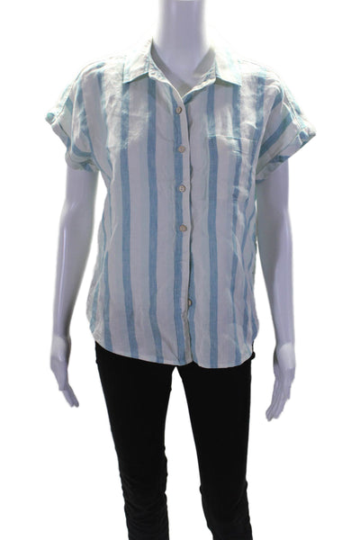 Faherty Women's Collared Short Sleeves Button Down Blue Striped Shirt Size XS