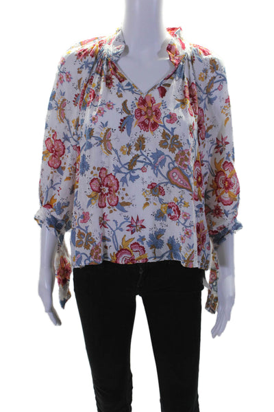 Nicole Miller Womens 3/4 Sleeve V Neck Floral Blouse White Multi Size Small