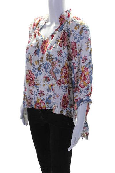 Nicole Miller Womens 3/4 Sleeve V Neck Floral Blouse White Multi Size Small