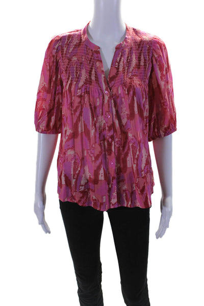 Ba&Sh Womens Button Front Short Sleeve V Neck Shirt Pink Red Cotton Size 4