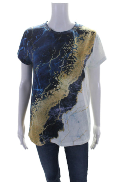 Exclusive Womens Short Sleeve Crew Neck Abstract Tee Shirt Blue White Size Small