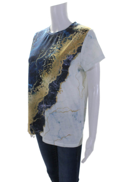 Exclusive Womens Short Sleeve Crew Neck Abstract Tee Shirt Blue White Size Small