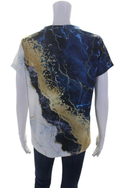 Exclusive Womens Short Sleeve Crew Neck Abstract Tee Shirt Blue White Size Small