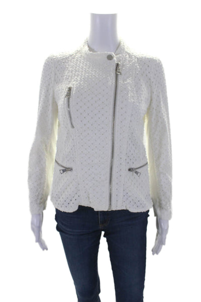Rebecca Taylor Womens Front Zip Collarless Distressed Jacket White Cotton Size 2