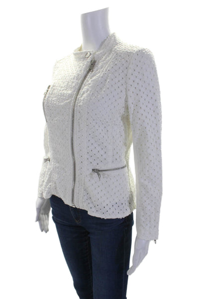 Rebecca Taylor Womens Front Zip Collarless Distressed Jacket White Cotton Size 2