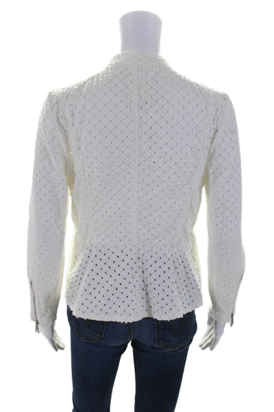 Rebecca Taylor Womens Front Zip Collarless Distressed Jacket White Cotton Size 2