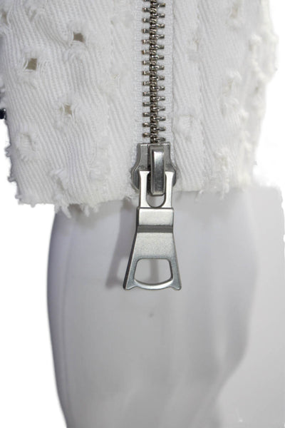 Rebecca Taylor Womens Front Zip Collarless Distressed Jacket White Cotton Size 2
