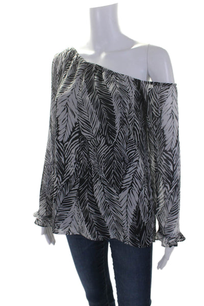 Club Monaco Womens Long Sleeve Off Shoulder Printed Silk Top Navy White Small