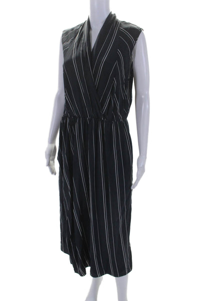 Vince Womens Silk Dark Navy Striped V-Neck Sleeveless Shift Dress Size 10