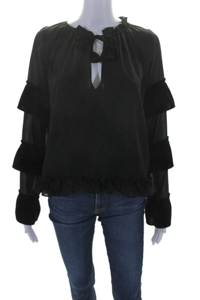 Misa Womens Ruffle Trim V-Neck Long Sleeve Pullover Blouse Top Black Size S