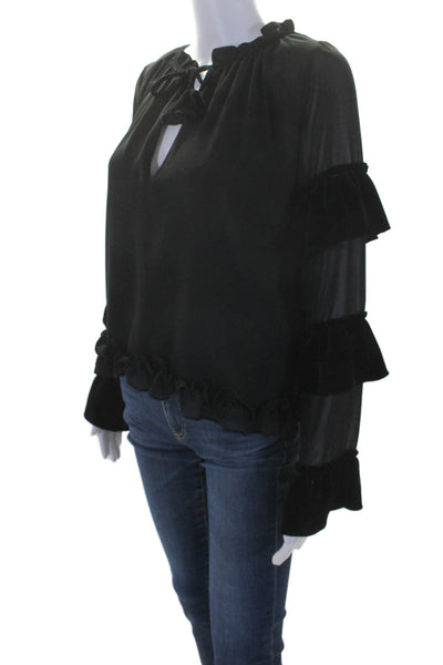 Misa Womens Ruffle Trim V-Neck Long Sleeve Pullover Blouse Top Black Size S