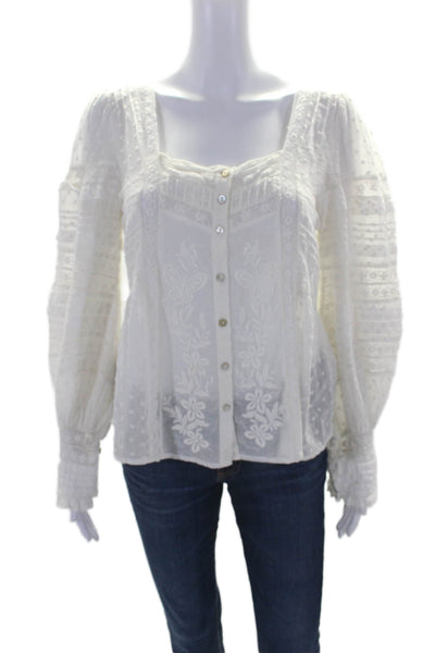 Love Shack Fancy Womens Cotton Embroidered Long Sleeve Blouse Top White Size XS