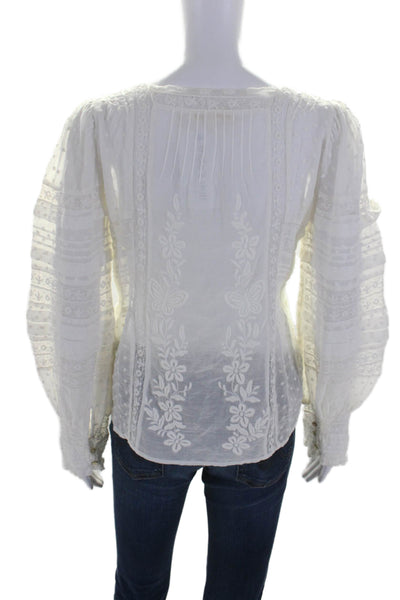 Love Shack Fancy Womens Cotton Embroidered Long Sleeve Blouse Top White Size XS