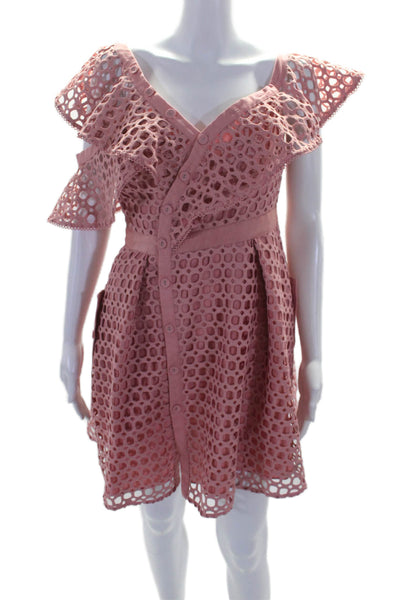 Self-Portrait Womens Embroidered V-Neck Sleeveless Button Up Dress Pink Size 6