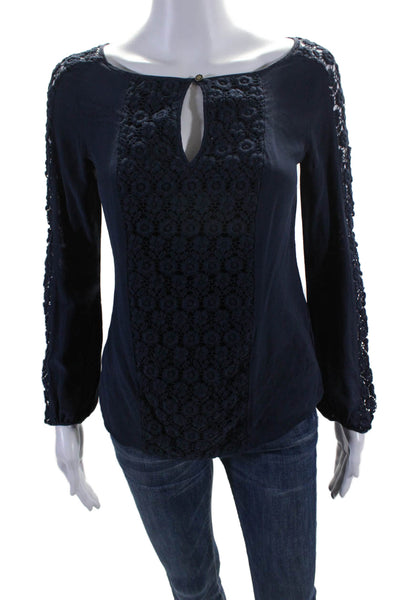 Tory Burch Womens Silk Crochet Detail Long Sleeves Blouse Navy Blue Size 2