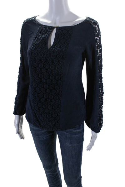 Tory Burch Womens Silk Crochet Detail Long Sleeves Blouse Navy Blue Size 2