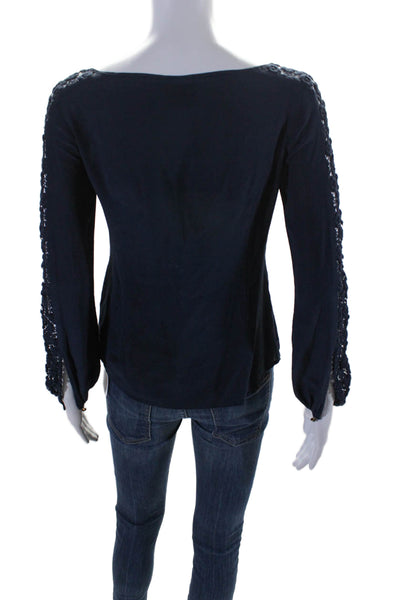 Tory Burch Womens Silk Crochet Detail Long Sleeves Blouse Navy Blue Size 2