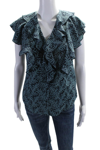 Joie Womens V Neck Floral Print Short Sleeve Ruffle Blouse Blue Size XS