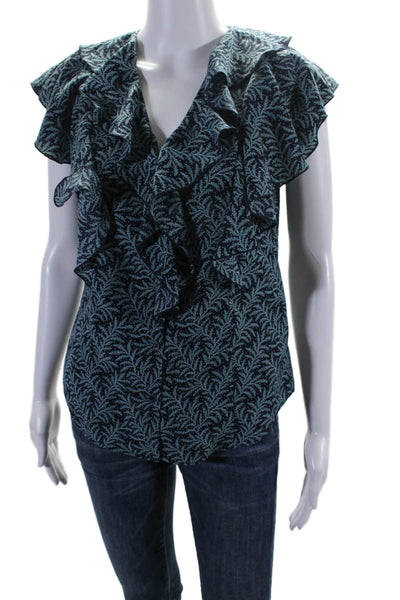 Joie Womens V Neck Floral Print Short Sleeve Ruffle Blouse Blue Size XS