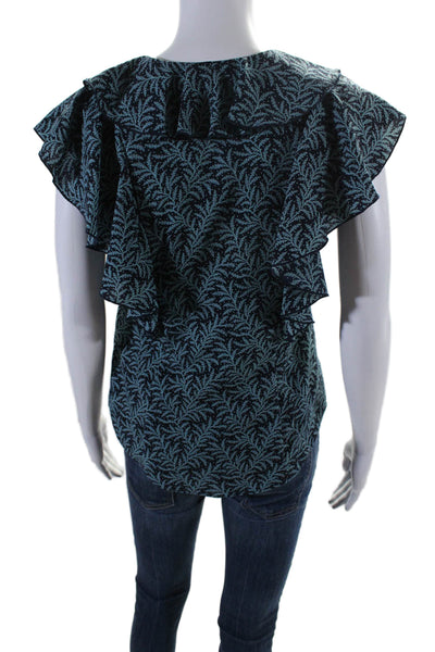 Joie Womens V Neck Floral Print Short Sleeve Ruffle Blouse Blue Size XS