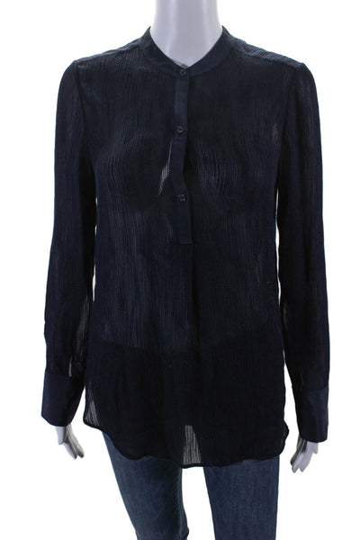 Vince Womens Long Sleeve Half Button Crew Neck Shirt Navy Blue Size 4