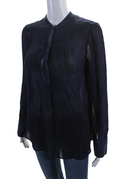 Vince Womens Long Sleeve Half Button Crew Neck Shirt Navy Blue Size 4