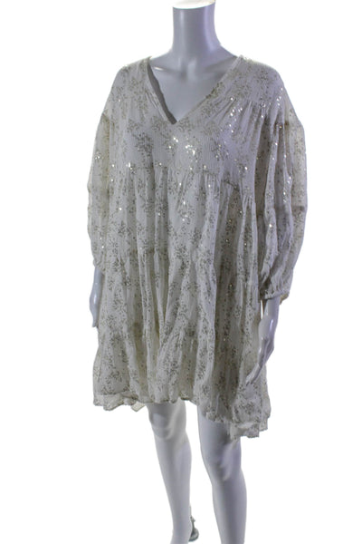 Sundress Womens Sequin V Neck Puff Sleeve Babydoll Dress White Size M/L