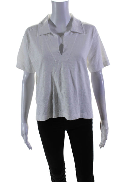 Leallo Womens Cotton Short Sleeve V Neck Collared Top White Size M