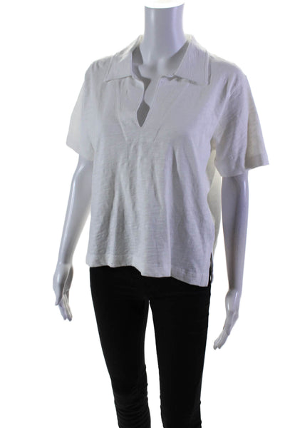 Leallo Womens Cotton Short Sleeve V Neck Collared Top White Size M