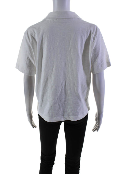 Leallo Womens Cotton Short Sleeve V Neck Collared Top White Size M