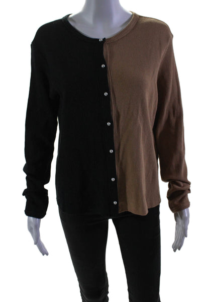 Donni Womens Cotton Two Tone Long Sleeve Button Down Top Black Brown Size L