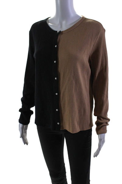 Donni Womens Cotton Two Tone Long Sleeve Button Down Top Black Brown Size L