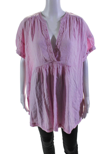 Free People Womens Linen Short Sleeve V Neck Tunic Blouse Pink Size M