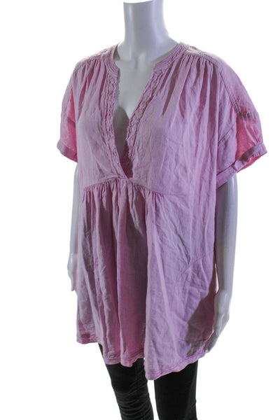 Free People Womens Linen Short Sleeve V Neck Tunic Blouse Pink Size M