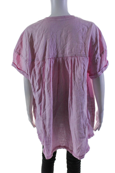 Free People Womens Linen Short Sleeve V Neck Tunic Blouse Pink Size M