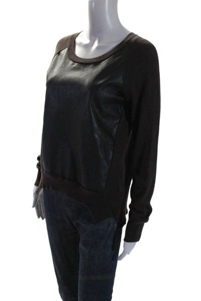 Bailey 44 Womens Brown Cotton Black Vegan Leather Long Sleeve Sweater Top Size S