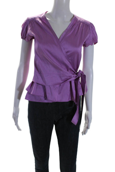 Calypso Christiane Celle Women's V-Neck Short Sleeves Wrap Blouse Purple Size 0