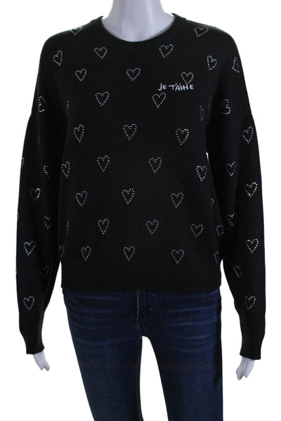 Kerri Rosenthal x Aqua Womens Rhinestone Heart Je T'aine Sweater Black Small