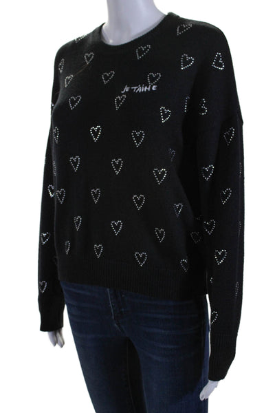 Kerri Rosenthal x Aqua Womens Rhinestone Heart Je T'aine Sweater Black Small