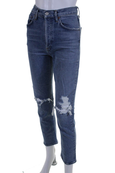 Agolde Womens Cotton Distressed Button Fly High-Rise Skinny Jeans Blue Size 24