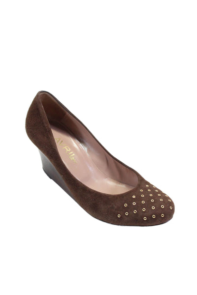 Avril Gau Women's Round Toe Studs Suede Slip-On Wedge Shoes Brown Size 36