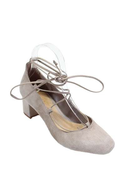 Schutz Women's Square Toe Lace Up Block Heels Suede Shoes Beige Size 6.5