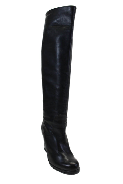 Chuckies Women's Round Toe Pull-On Leather Wedge Knee High Boots Black Size 36.5