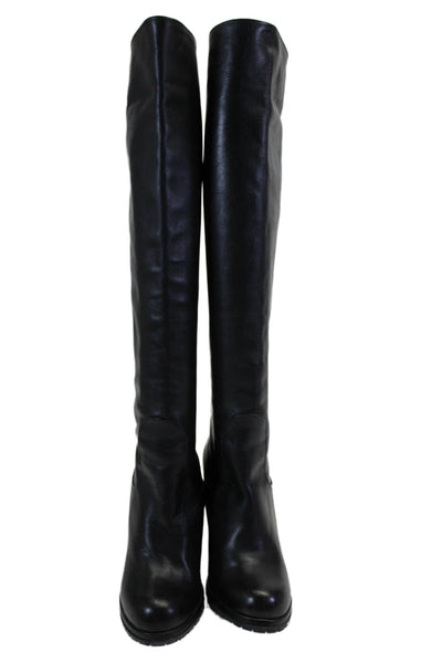 Chuckies Women's Round Toe Pull-On Leather Wedge Knee High Boots Black Size 36.5