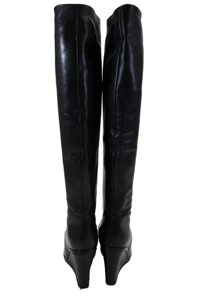 Chuckies Women's Round Toe Pull-On Leather Wedge Knee High Boots Black Size 36.5