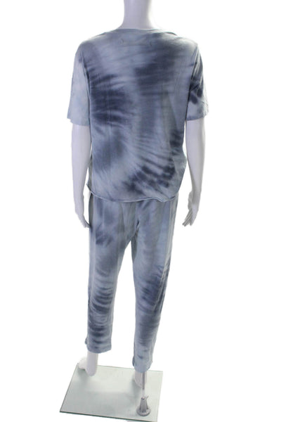 Raquel Allegra Basic Womens Tie Dye Short Sleeves Tee Shirt Pant Set Blue Size 1